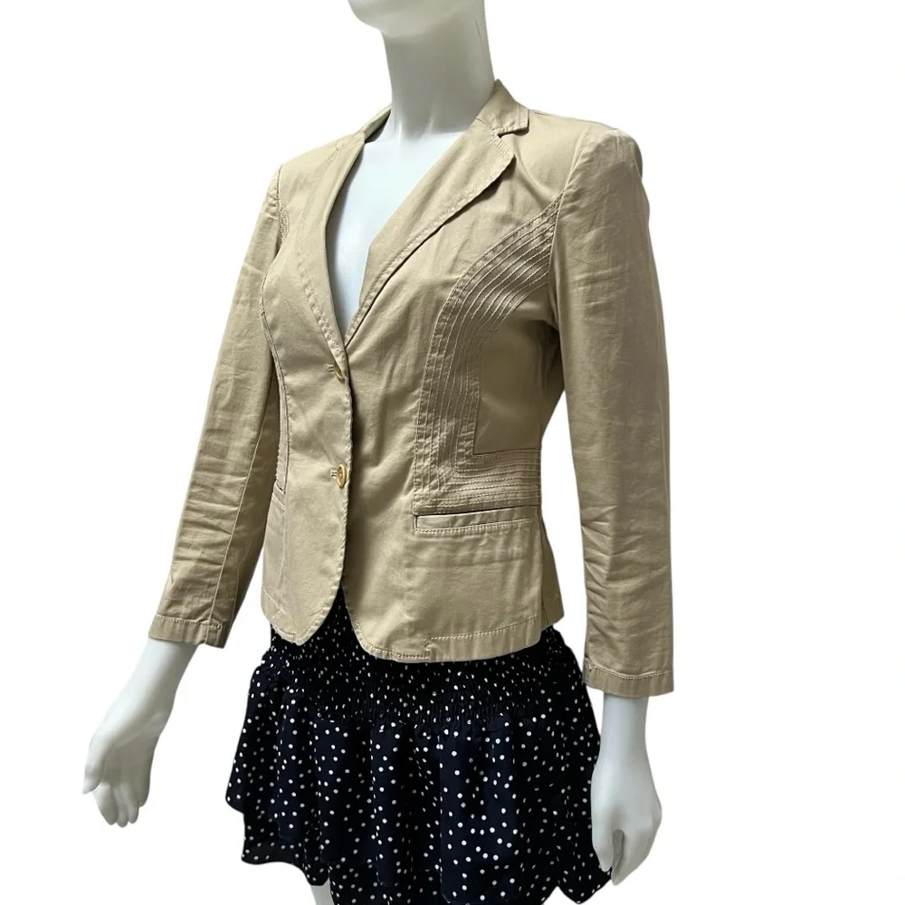 DKNY Tan Cropped Blazer Cotton Fitted Office Carrier Preppy Academia‎ Minimalist